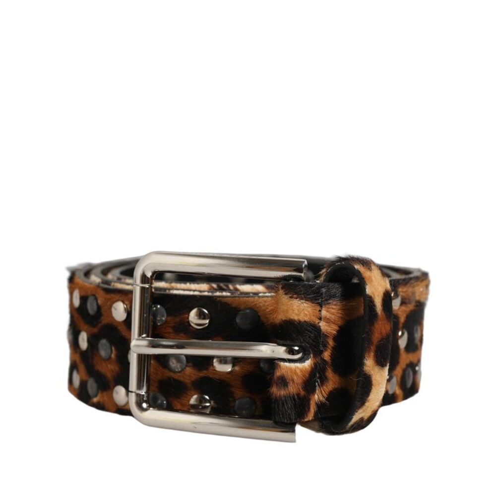 Dolce & Gabbana Brown Leopard Calf Hair Studs Metal Buckle Men's Belt